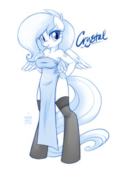 Size: 842x1200 | Tagged: safe, artist:onnanoko, oc, oc only, oc:crystal, anthro, pegasus, unguligrade anthro, alternative cutie mark placement, cleavage, clothes, dress, female, hand on hip, side slit, solo, stockings