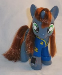 Size: 1873x2257 | Tagged: safe, artist:gryphyn-bloodheart, oc, oc only, oc:littlepip, pony, unicorn, fallout equestria, 3d print, brushable, clothes, custom, fanfic, female, hooves, horn, irl, mare, photo, pipbuck, solo, toy, vault suit