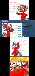 Size: 1085x2361 | Tagged: safe, artist:thecherrysodaaskblog, screencap, oc, oc only, oc:cherry soda, comic, explosion, fire, followers, looking at you, pointing, pose, sunglasses, tumblr, tumblr:thecherrysodaaskblog