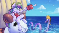 Size: 2880x1620 | Tagged: safe, artist:php87, blossomforth, steven magnet, blossomforth is best pony, crossover, going merry, meat, monkey d luffy, one piece, pirate, sea king