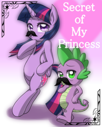 Size: 640x800 | Tagged: safe, artist:jurisalis, spike, twilight sparkle, twilight sparkle (alicorn), alicorn, dragon, pony, bipedal, female, mare, moustache, pixiv