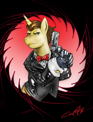 Size: 1500x1950 | Tagged: safe, artist:croft, donut joe, anthro, unicorn, bowtie, bust, clothes, con mane, gun, gunbarrel, latex, latex gloves, latex suit, male, revolver, solo, spy, tuxedo