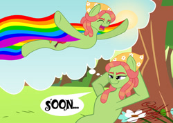 Size: 1024x730 | Tagged: safe, artist:killkatt, tree hugger, dialogue, flying, rainbow, solo, the simpsons