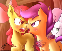 Size: 3000x2500 | Tagged: safe, artist:pajama-ham, apple bloom, scootaloo, sweetie belle, argument, cutie mark crusaders, female, lesbian, scootabloom, shipping, sweetie belle is not amused