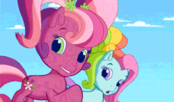 Size: 740x435 | Tagged: safe, screencap, cheerilee (g3), rainbow dash (g3), g3.5, twinkle wish adventure, animated, looking at you, reaction image, shush, smiling, subtitles