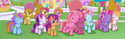 Size: 1384x435 | Tagged: safe, screencap, cheerilee (g3), pinkie pie (g3), rainbow dash (g3), scootaloo (g3), starsong, sweetie belle (g3), toola roola, g3.5, core seven, g3 panorama, happy, hat, panorama, propeller hat, shocked