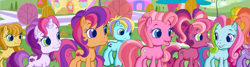 Size: 1449x387 | Tagged: safe, screencap, bumblesweet, cheerilee (g3), pinkie pie (g3), rainbow dash (g3), scootaloo (g3), starsong, sweetie belle (g3), g3.5, twinkle wish adventure, background pony, g3 panorama, panorama, unnamed pony