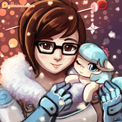 Size: 750x750 | Tagged: safe, artist:lumineko, coco pommel, earth pony, human, pony, clothes, cocobetes, crossover, cute, duo, female, flower, flower in hair, glasses, looking at you, lumineko is trying to murder us, mei, one eye closed, overwatch, patreon, patreon logo, smiling, wink