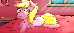 Size: 2560x1140 | Tagged: safe, artist:wolfy-pony, sunshine smiles, pony, unicorn, canterlot boutique, bed, chest fluff, clothes, crepuscular rays, cute, female, heart, heart eyes, mare, prone, socks, solo, window, wingding eyes