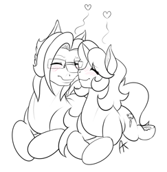 Size: 970x998 | Tagged: safe, artist:appelknekten, oc, oc only, oc:appel, oc:sketchy skylar, pony, appelskylar, blushing, female, glasses, heart, male, mare, nuzzling, stallion