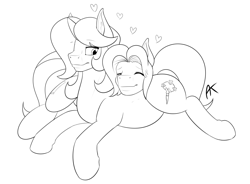 Size: 2005x1477 | Tagged: safe, artist:appelknekten, oc, oc only, oc:appel, oc:sketchy skylar, pony, appelskylar, female, heart, male, mare, monochrome, pregnant, snuggling, stallion