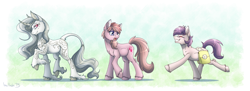 Size: 1280x465 | Tagged: safe, artist:inuhoshi-to-darkpen, morning glory, princess silver swirl, sweet berry, classical unicorn, leonine tail, saddle bag, unshorn fetlocks