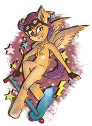 Size: 2550x3507 | Tagged: safe, artist:jesterofsolace, scootaloo, anthro, semi-anthro, unguligrade anthro, badass, chest fluff, clothes, fingerless gloves, gloves, goggles, scooter, solo