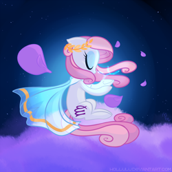 Size: 2000x2000 | Tagged: safe, artist:meekcheep, earth pony, pony, cloud, eyes closed, female, flower petals, laurel wreath, mare, night, night sky, ponyscopes, signature, solo, stars, toga, virgo, zodiac