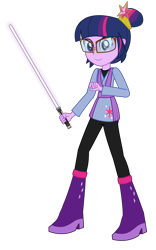 Size: 1874x3000 | Tagged: safe, artist:amante56, sci-twi, twilight sparkle, equestria girls, 20th century fox, clothes, crossover, disney, element of magic, glasses, jedi, lightsaber, looking at you, lucasfilm, simple background, smiling, solo, star wars, transparent background