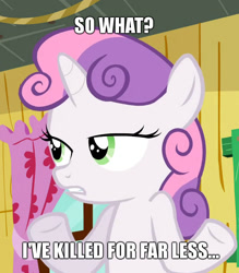 Size: 632x720 | Tagged: safe, edit, edited screencap, screencap, sweetie belle, pony, unicorn, sleepless in ponyville, cropped, curtains, female, filly, frown, gritted teeth, image macro, impact font, lidded eyes, meme, shrug, so what sweetie, solo, underhoof, window