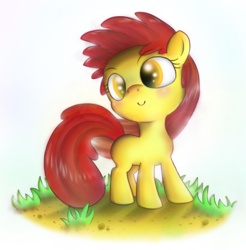 Size: 1130x1148 | Tagged: safe, artist:mugg1991, apple bloom, adorabloom, cute, missing accessory, solo, windswept mane