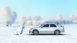 Size: 1450x816 | Tagged: safe, artist:nsdrift, double diamond, car, mitsubishi, mitsubishi lancer, mitsubishi lancer evolution i, snowboard