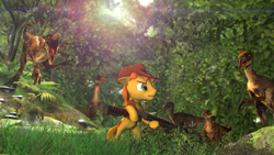 Size: 1920x1080 | Tagged: safe, artist:d0ntst0pme, braeburn, dinosaur, velociraptor, 3d, clever girl, gmod, gun, jungle, not sfm, shotgun