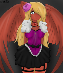 Size: 1280x1497 | Tagged: safe, artist:rubi, oc, oc only, oc:skatta, anthro, pegasus, bow, clothes, collar, corset, fishnet stockings, floppy ears, flower, flower in hair, hair over one eye, long mane, rose, skirt, wings