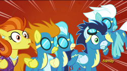 Size: 1920x1080 | Tagged: safe, screencap, blaze, fleetfoot, misty fly, soarin', stormy flare, pony, rarity investigates, surprised, wonderbolts, wonderbolts uniform