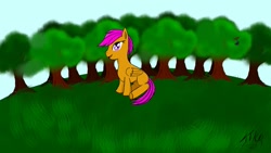 Size: 1191x670 | Tagged: safe, artist:jtkm, scootaloo, pegasus, female, filly, orange coat, purple mane, solo