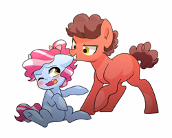 Size: 2500x2000 | Tagged: safe, artist:kianamai, oc, oc only, oc:cotton candy, oc:epic parody, blushing, colt, ear bite, female, filly, hair bow, kilalaverse, male, next generation, offspring, parent:cheese sandwich, parent:pinkie pie, parent:pokey pierce, parent:unnamed oc, parents:canon x oc, parents:pokeypie, simple background, teasing, white background