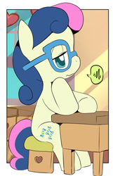 Size: 289x450 | Tagged: safe, artist:ende26, bon bon, sweetie drops, adorabon, bon bon is not amused, cute, filly, glasses, solo, twisted bon bon