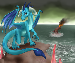 Size: 1280x1066 | Tagged: safe, artist:slouping, princess ember, dragon, gauntlet of fire, claws, flamecano, ocean, older, quadrupedal, signature, solo, volcano