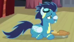 Size: 544x313 | Tagged: safe, screencap, soarin', pegasus, pony, rarity investigates, aweeg*, eating, food, goggles, male, pie, prone, solo, stallion, that pony sure does love pies, wonderbolts uniform