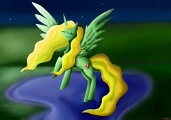 Size: 1024x717 | Tagged: safe, artist:ponytheriggs77, oc, oc only, oc:green bell, alicorn, pony, alicorn oc, blonde mane, eyes closed, flowy mane, flying, lake, night, ponysona