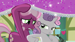 Size: 1280x720 | Tagged: safe, screencap, cheerilee, sweetie belle, hearts and hooves day (episode), hearts and hooves day, nudge, ponyville schoolhouse