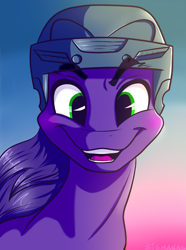 Size: 1142x1537 | Tagged: safe, artist:sigmanas, oc, oc only, oc:proudy hooves, bust, happy, helmet, hockey helmet, portrait, smiling, solo, sunset, щщоки