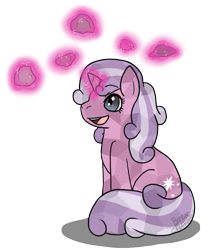 Size: 639x726 | Tagged: safe, artist:breezepleeze, oc, oc only, oc:quartz horn, crystal pony, pony, cute, female, filly, glowing horn, magic, rock, solo, telekinesis