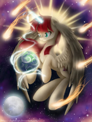 Size: 1351x1800 | Tagged: safe, artist:digitalcyn, oc, oc only, oc:fausticorn, alicorn, pony, chest fluff, creation, earth, epic, female, goddess, magic, magic aura, mare, moon, planet, pony bigger than a planet, solo, space, sun