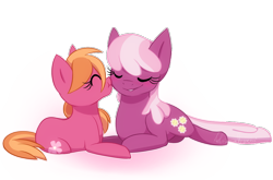 Size: 1000x660 | Tagged: dead source, safe, artist:littaly, cheerilee, oc, oc:apple blossom, duo, eyes closed, female, kiss on the cheek, kissing, mother and child, mother and daughter, offspring, parent and child, parent:big macintosh, parent:cheerilee, parents:cheerimac