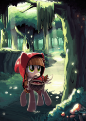 Size: 1024x1448 | Tagged: safe, artist:sewyouplushiethings, oc, oc only, oc:monipone, basket, cloak, clothes, forest, hood, mouth hold, pigtails, red riding hood, solo