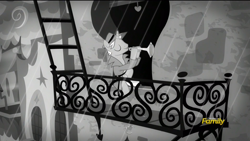 Size: 1920x1080 | Tagged: safe, screencap, pony, rarity investigates, balcony, black and white, canterlot, dexterous hooves, discovery family logo, grayscale, male, monochrome, musical instrument, noir, playing instrument, rain, solo, stallion, trumpet