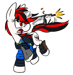 Size: 1419x1446 | Tagged: safe, artist:raeligath, oc, oc only, oc:blackjack, pony, unicorn, fallout equestria, fallout equestria: project horizons, armor, clothes, fallout, fanfic, fanfic art, female, glowing horn, gun, hooves, horn, levitation, magic, mare, open mouth, pipbuck, security armor, shooting, shotgun, simple background, solo, telekinesis, transparent background, vault security armor, vault suit, weapon