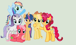 Size: 1024x619 | Tagged: safe, artist:kristina holm, oc, oc only, oc:apple pie, oc:apple shy, oc:pinkie sandwich, oc:rainbow star, oc:skycity, oc:twilleys sparkle, next generation, offspring, parent:applejack, parent:big macintosh, parent:caramel, parent:cheese sandwich, parent:flash sentry, parent:fluttershy, parent:pinkie pie, parent:rainbow dash, parent:rarity, parent:soarin', parent:thunderlane, parent:twilight sparkle, parents:carajack, parents:cheesepie, parents:flashlight, parents:fluttermac, parents:rarilane, parents:soarindash, simple background