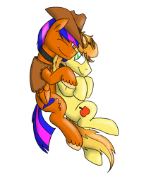 Size: 2074x2244 | Tagged: safe, artist:timsplosion, braeburn, oc, oc:scribbsie, earth pony, pegasus, pony, accessory swap, beard, canon x oc, clothes, collar, everypony's gay for braeburn, facial hair, gay, goatee, goggles, hat, male, shipping, simple background, snuggling, transparent background, unshorn fetlocks, vest