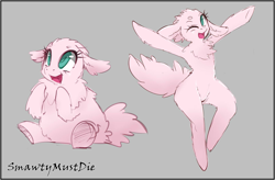 Size: 1253x824 | Tagged: safe, artist:smawtymustdie, oc, oc only, oc:fluffle puff, anthro, fluffy pony, unguligrade anthro, anthro fluffy, looking up, open mouth, smiling, underhoof, wink