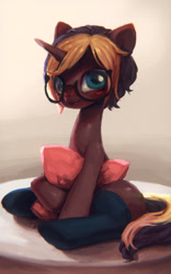 Size: 601x961 | Tagged: safe, artist:frali, oc, oc only, chocolate pony, food pony, original species, unicorn, blushing, chocolate, glasses, looking at you, pillow, plate, shiny, sitting, smiling