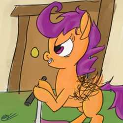 Size: 780x780 | Tagged: safe, artist:gallifreyanequine, scootaloo, pegasus, female, filly, orange coat, purple mane, scooter, solo