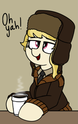 Size: 527x837 | Tagged: safe, artist:coatieyay, march gustysnows, clothes, coat, coffee, dialogue, hat, necktie, solo, steam, ushanka