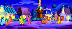 Size: 1206x480 | Tagged: safe, screencap, pony, unicorn, come back lily lightly, g3, background pony, ball, g3 panorama, night, panorama, playing, unicornia