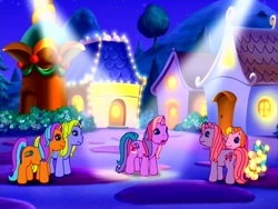 Size: 640x480 | Tagged: safe, screencap, cheerilee (g3), lily lightly, rarity (g3), come back lily lightly, g3, night, spotlight