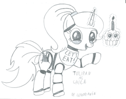 Size: 6510x5100 | Tagged: safe, artist:luxorzasty, oc, oc:tulipan, absurd resolution, chica, crossover, cupcake, five nights at freddy's, monochrome, traditional art