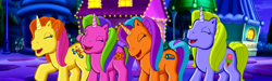 Size: 1574x473 | Tagged: safe, screencap, brights brightly, pony, unicorn, come back lily lightly, g3, g3 panorama, ice scoop, laughing, night, night shine, panorama, shine-a-belle