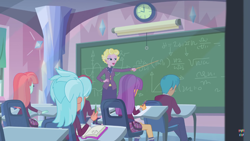 Size: 1366x768 | Tagged: safe, screencap, carlos thunderbolt, frosty orange, ginger owlseye, melon mint, mrs. shade, pepper twist, equestria girls, friendship games, background human, chalkboard, classroom, clothes, crystal prep academy, crystal prep academy students, school uniform, teacher, what more is out there